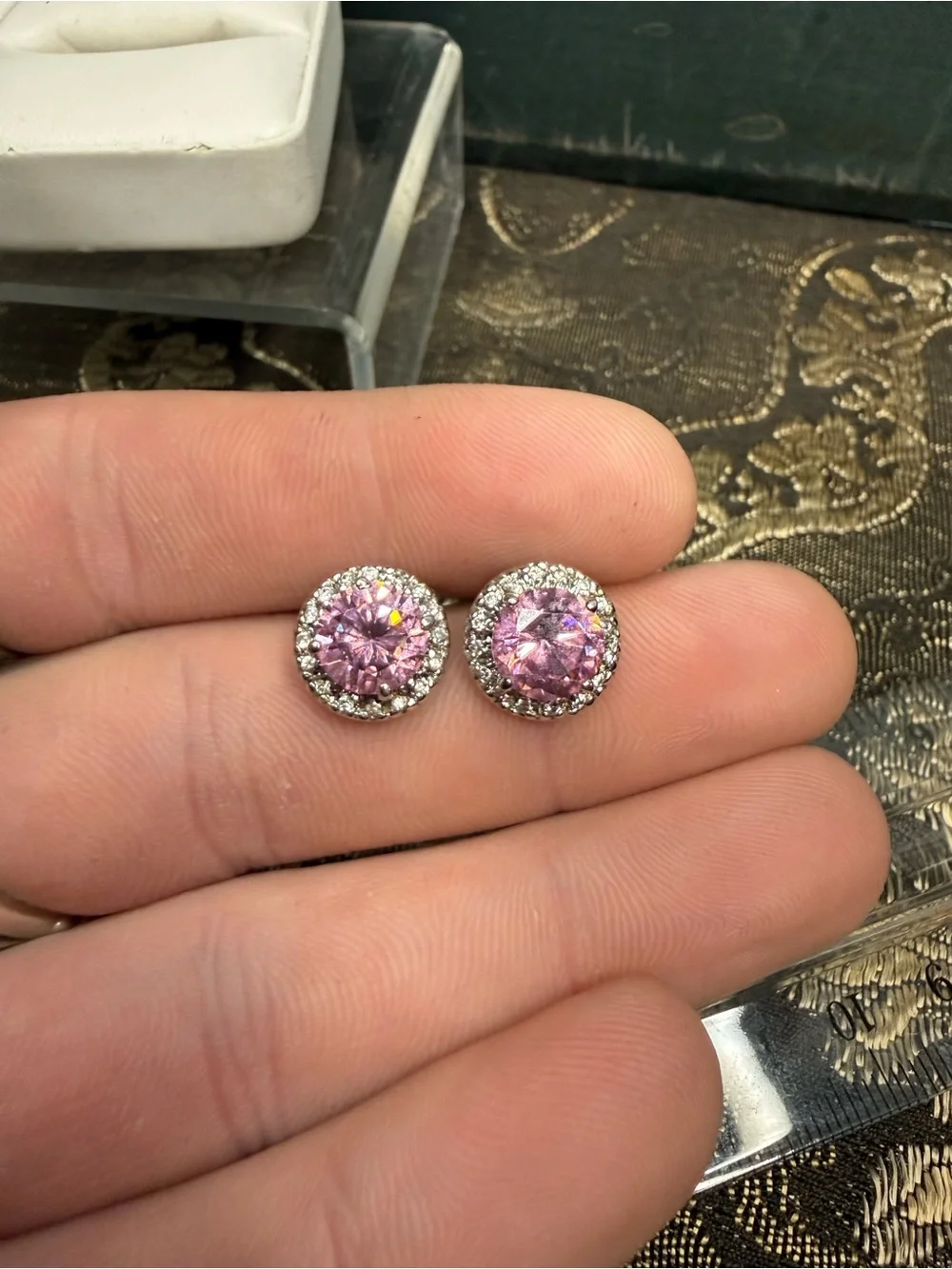 VTG Silver Tone Pink CZ Stud Earrings